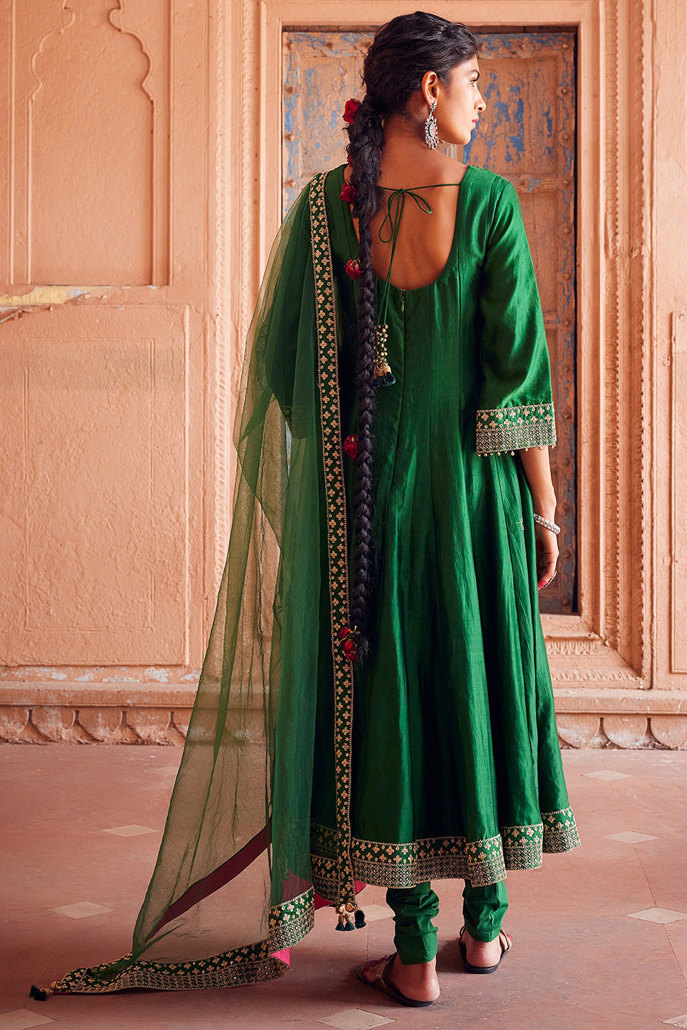 Embroidered Kalidar Green Chanderi Silk Kurta Set