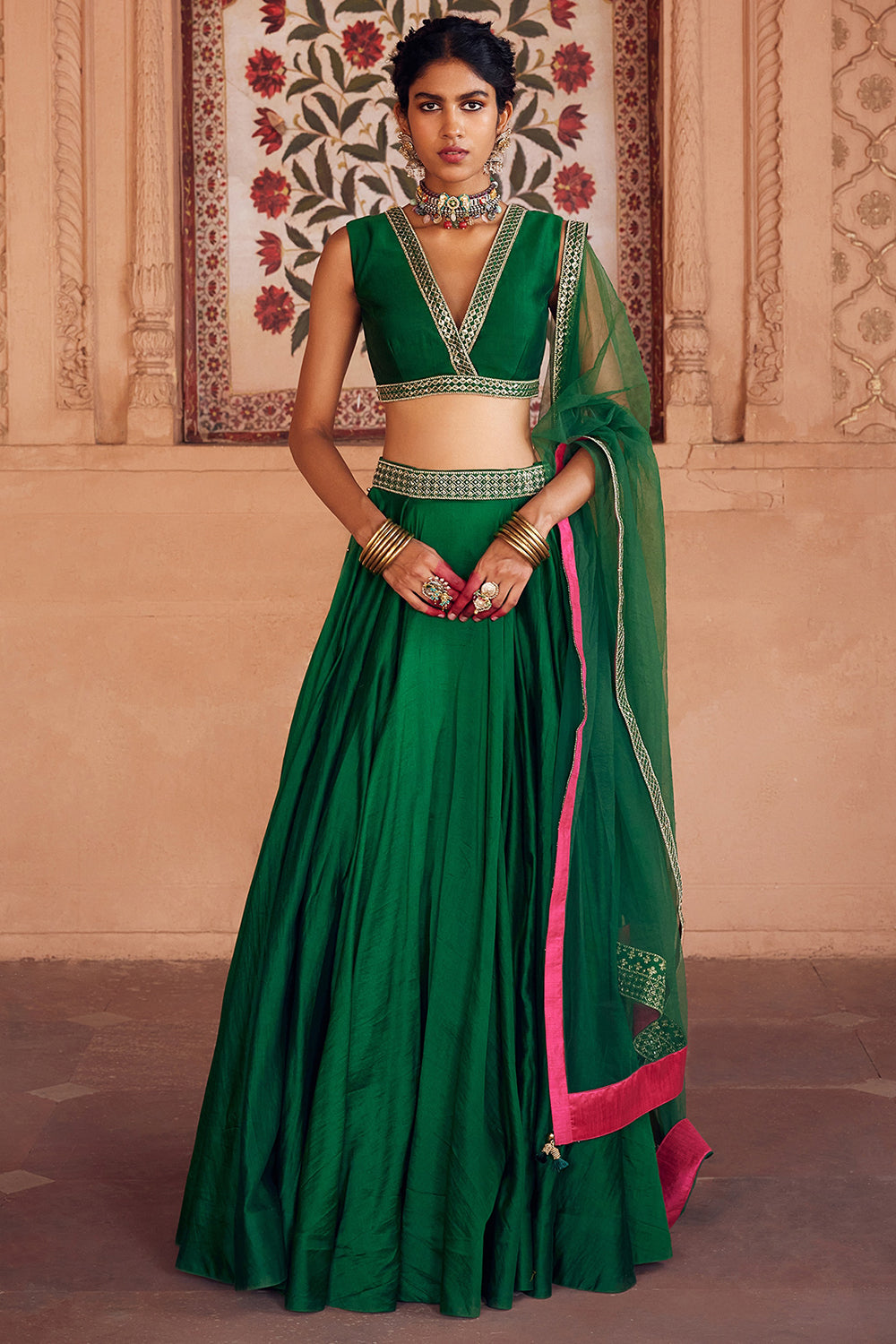 Embroidered Lehenga Green Chanderi Silk Set