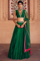 Embroidered Lehenga Green Chanderi Silk Set