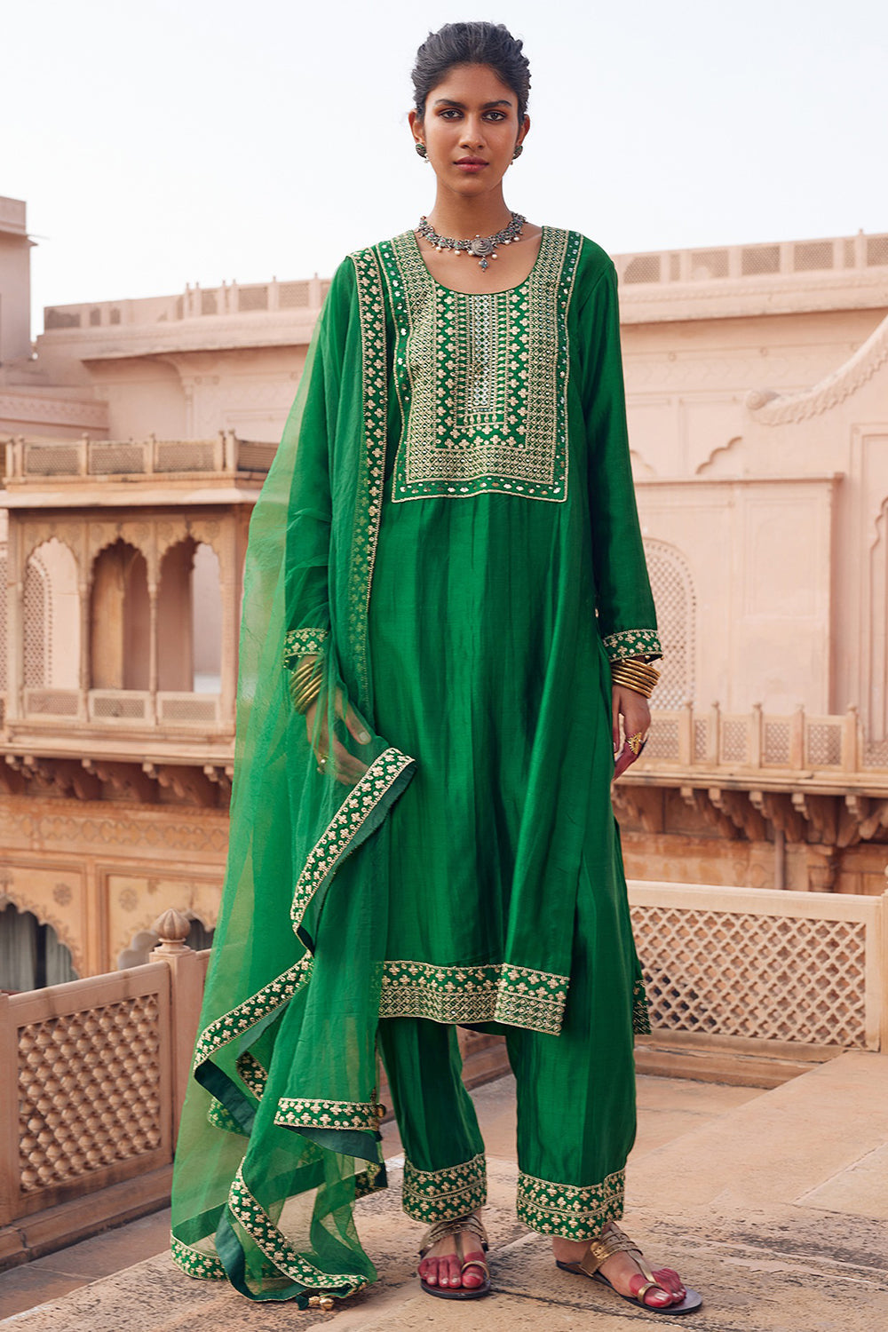 Embroidered Green Chanderi Silk Kurta Set