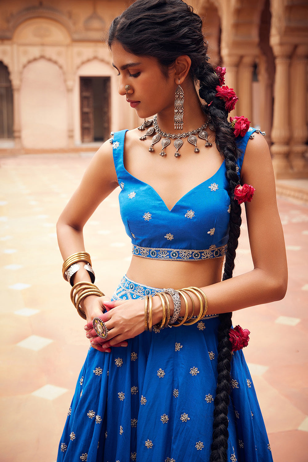 Embroidered Lehenga Electric Blue Cotton Mul Set