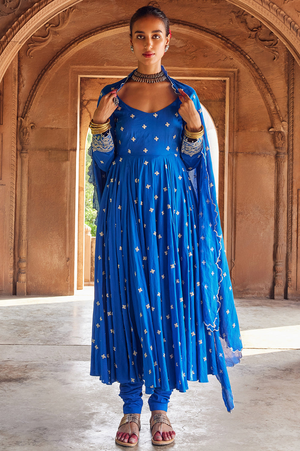 Embroidered Kurta Electric Blue Cotton Mul Set