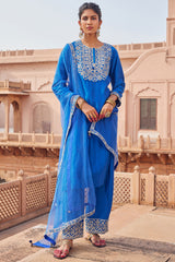 Embroidered Electric Blue Chanderi Silk Kurta Set