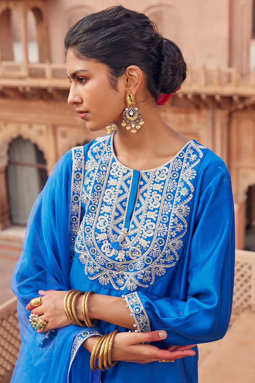 Embroidered Electric Blue Chanderi Silk Kurta Set