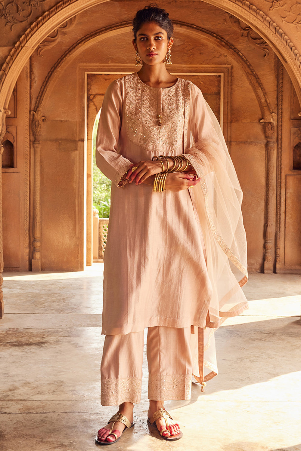 Embroidered Pale Pink Chanderi Silk Kurta Set