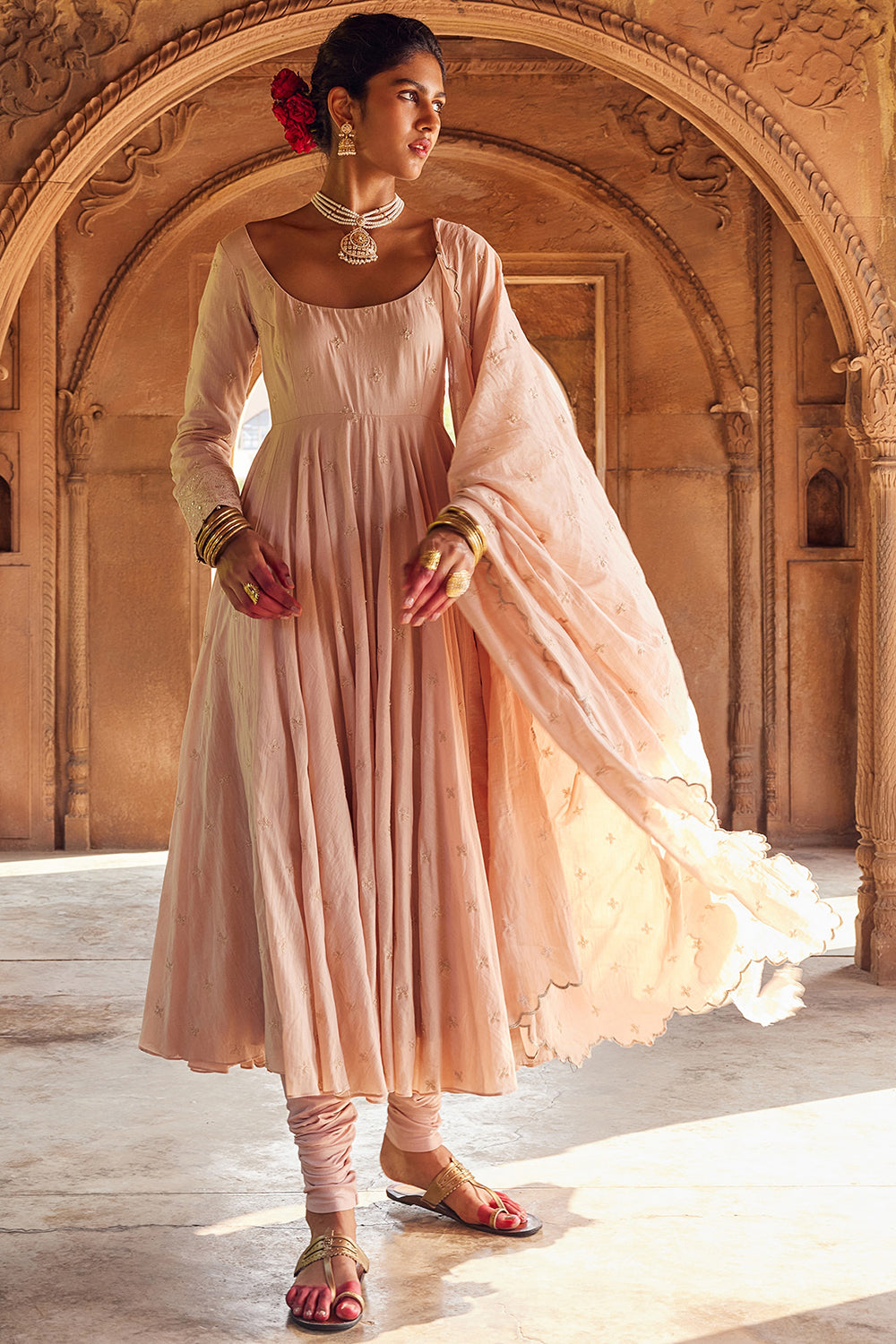 Embroidered Kalidar Pale Pink Cotton Mul Anarkali Set