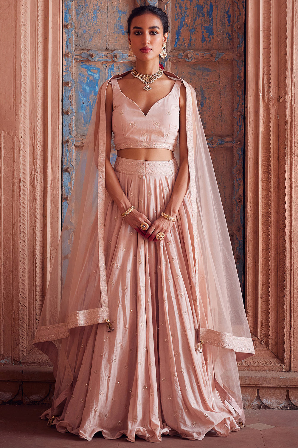 Embroidered Lehenga Pale Pink Cotton Mul Set