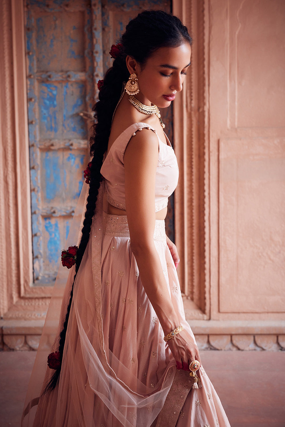 Embroidered Lehenga Pale Pink Cotton Mul Set