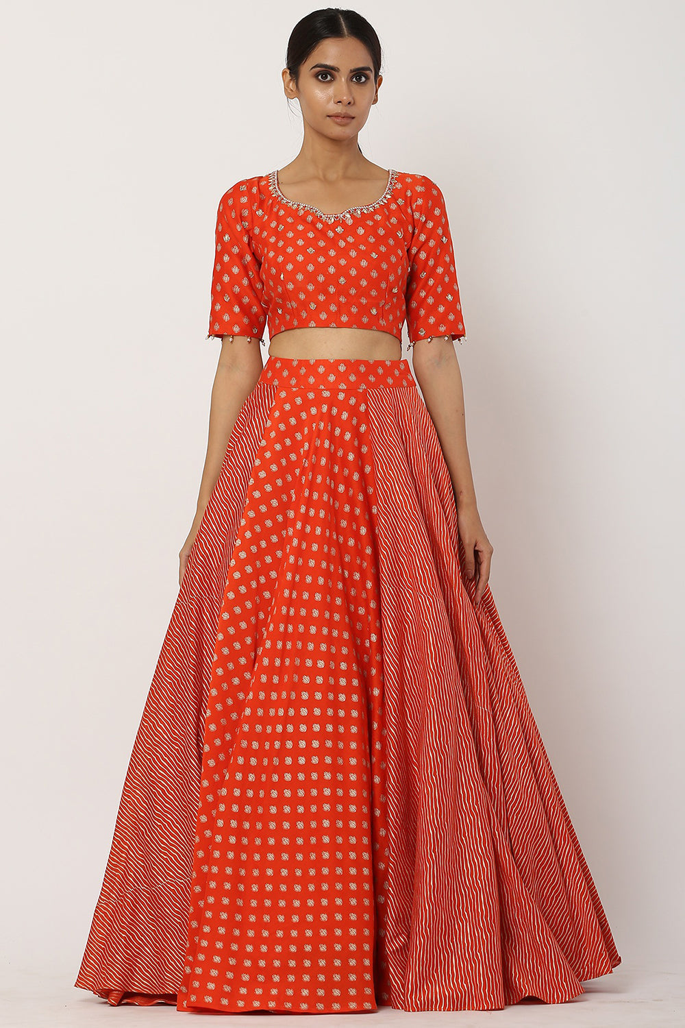 Chanderi Silk Tomato Red Lehenga Set