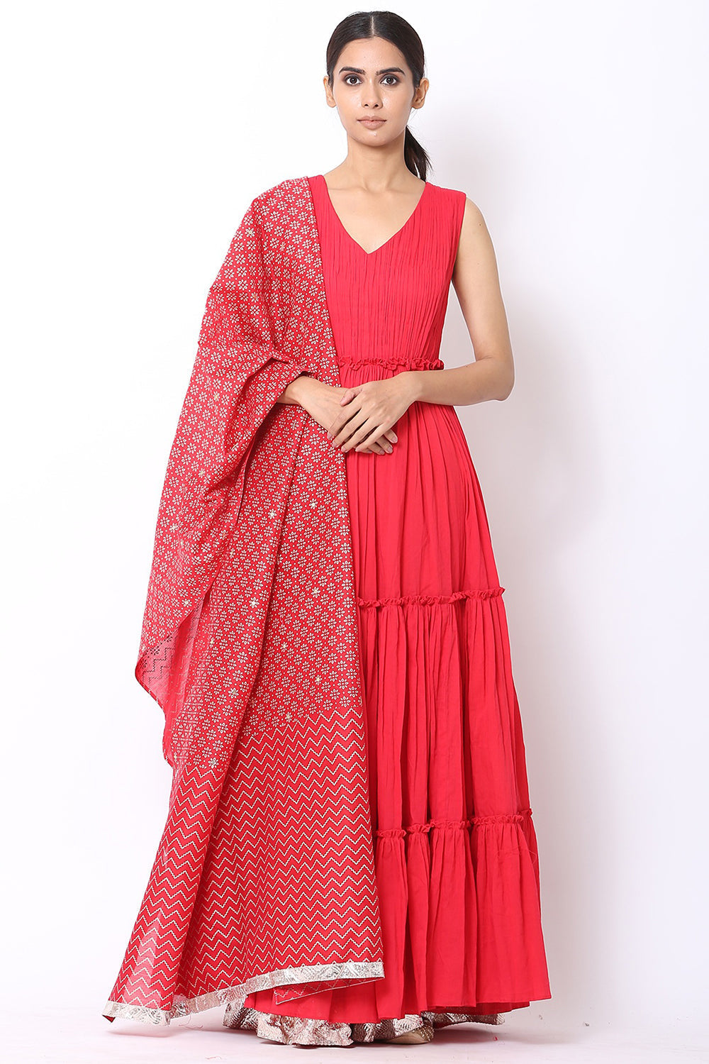 Tiered Red Kalidar Anarkali Set