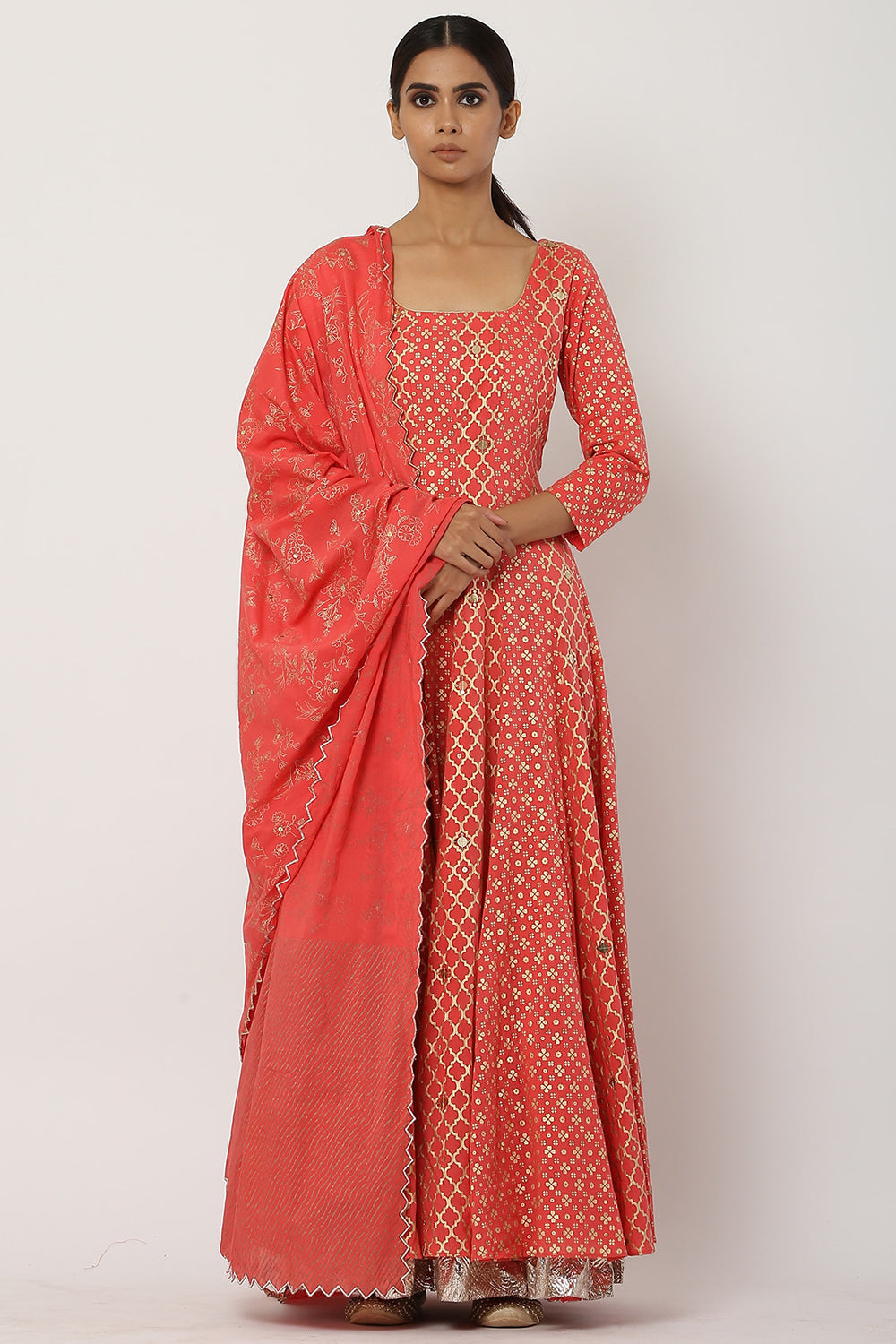 Paneled Dark Peach Kalidar Anarkali Set