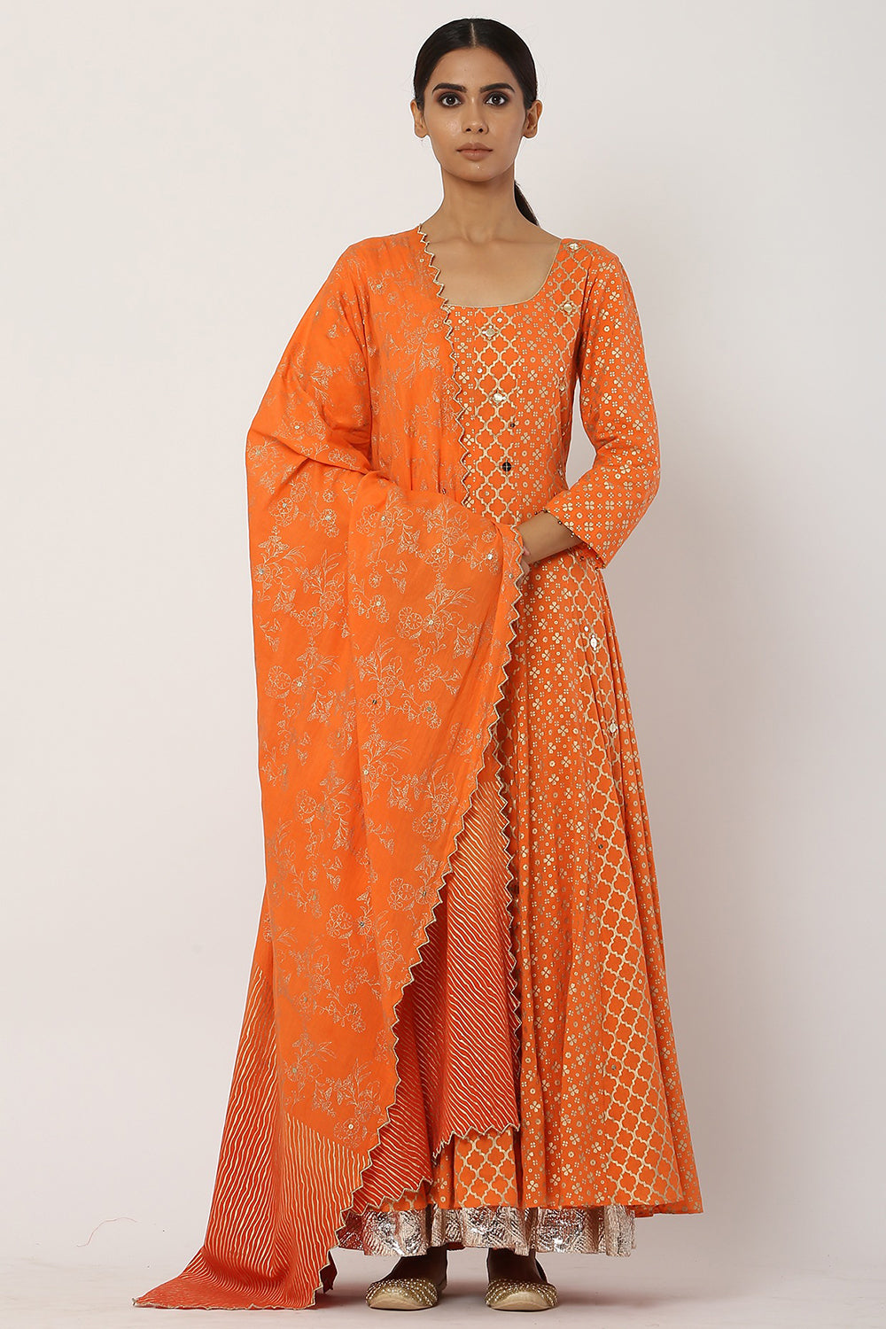 Paneled Orange Kalidar Anarkali Set