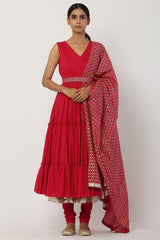 Tiered Red Kalidar Anarkali Set With Belt