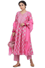 Printed Pink A-Line Kurta Set