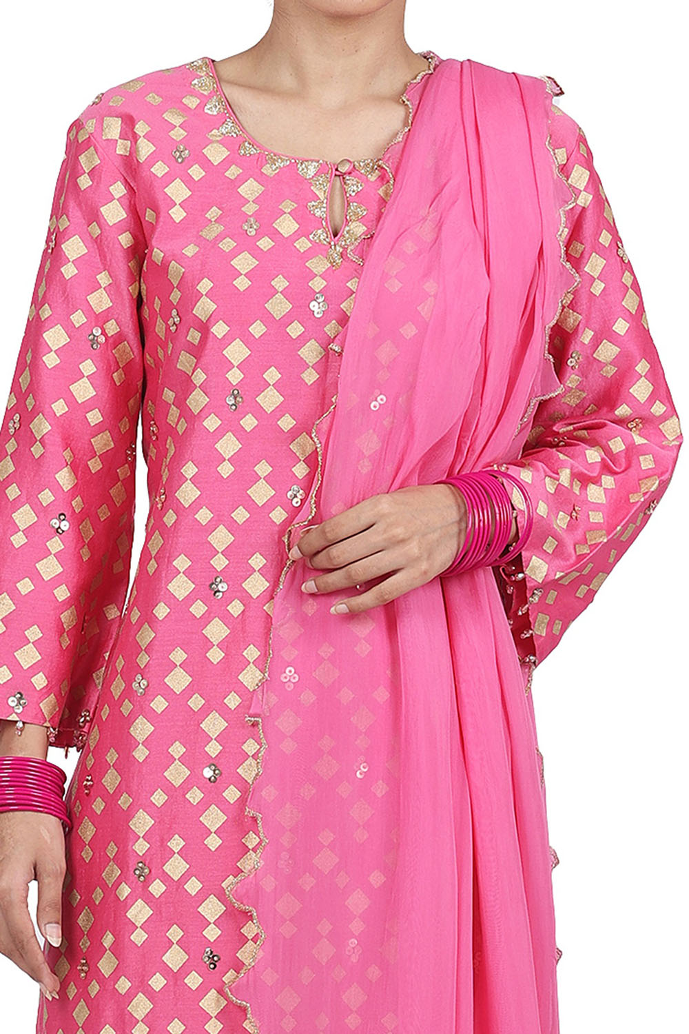 Chanderi Silk Printed Pink Kurta Set