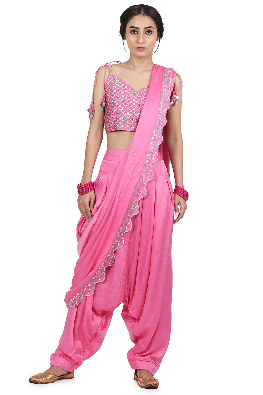 Embroidered Pant Saree Pink Set