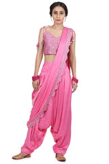 Embroidered Pant Saree Pink Set