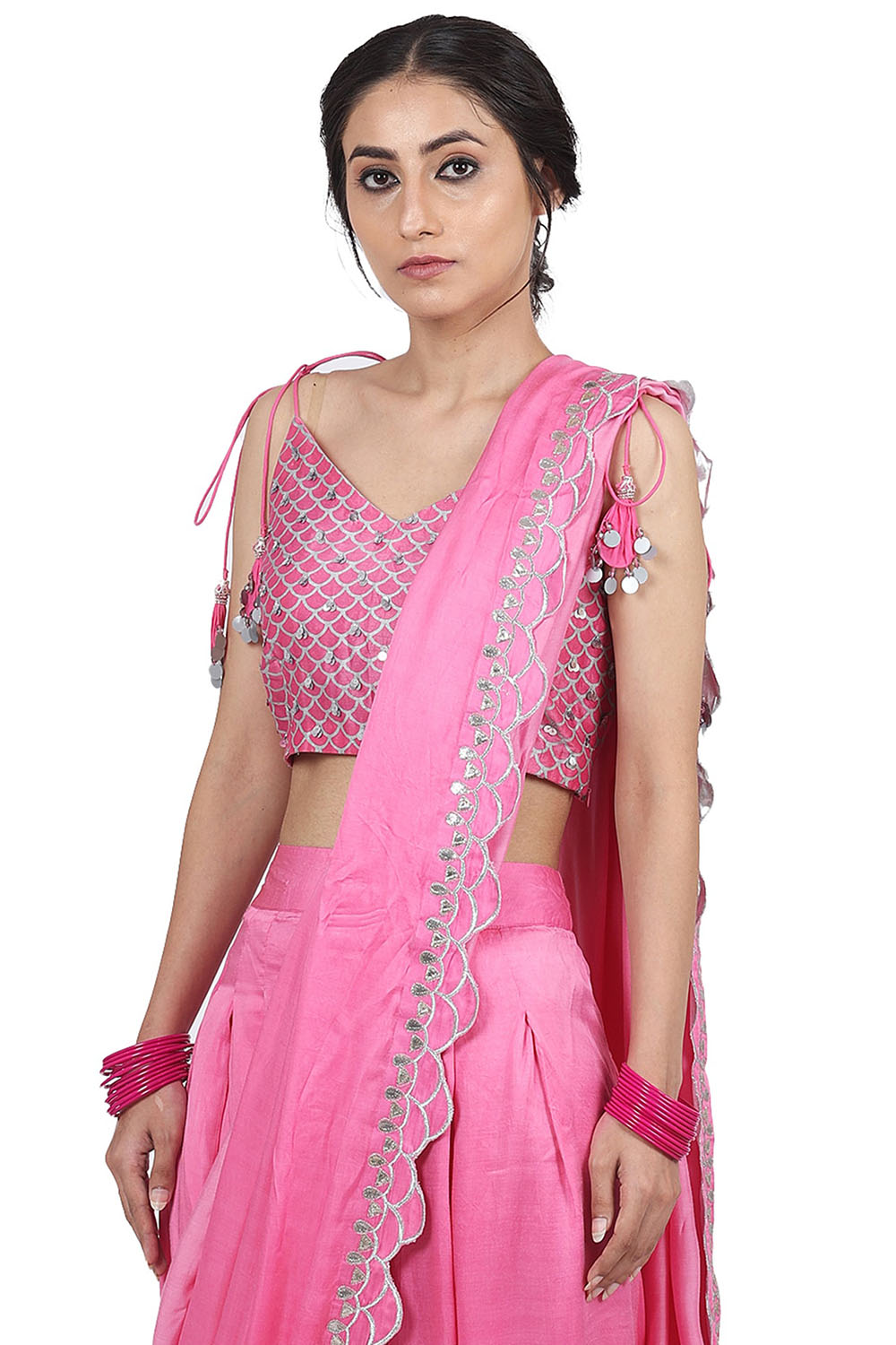 Embroidered Pant Saree Pink Set