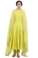 Chanderi Silk Electric Yellow Anarkali Set