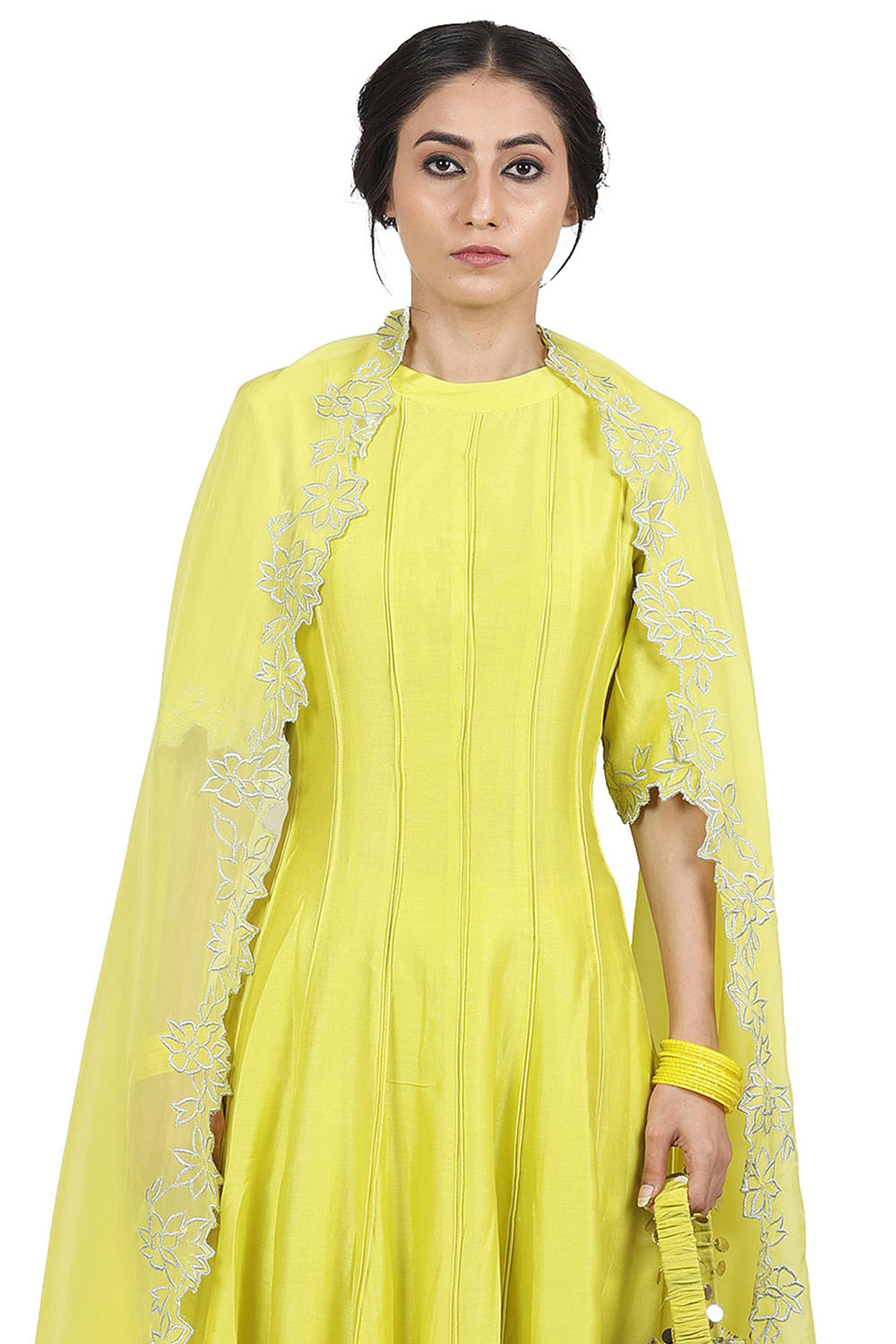 Chanderi Silk Electric Yellow Anarkali Set