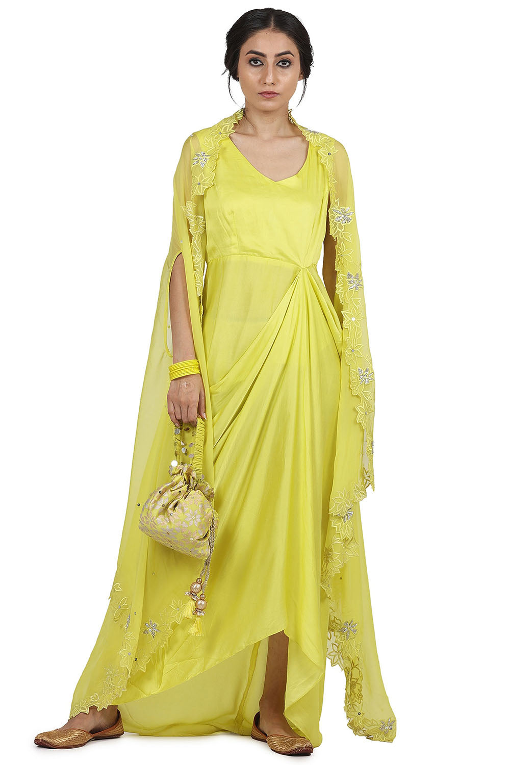 Satin Cape Electric Yellow Dress With