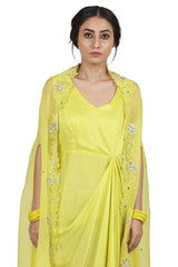 Satin Cape Electric Yellow Dress With