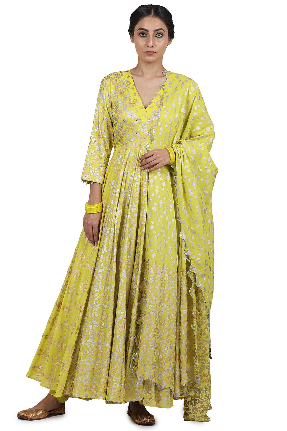 Embroidered Kalidar Electric Yellow Anarkali Set