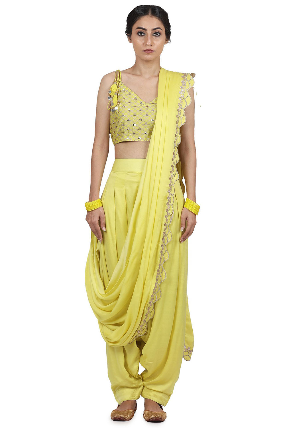 Embroidered Pant Saree Electric Yellow Set