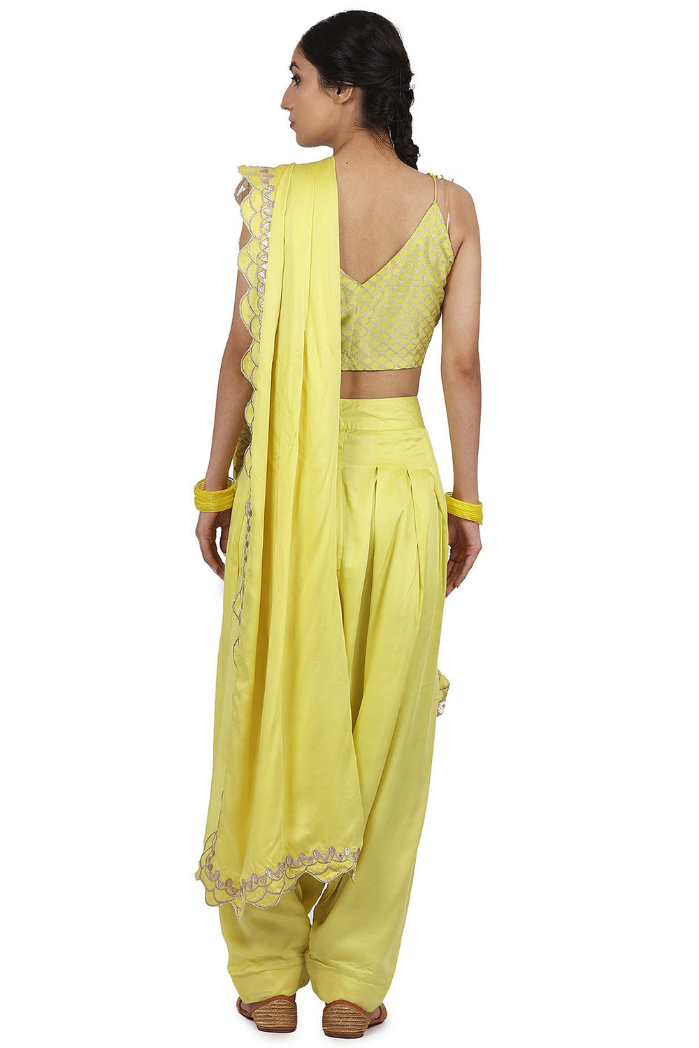 Embroidered Pant Saree Electric Yellow Set