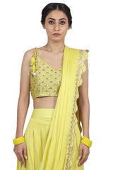 Embroidered Pant Saree Electric Yellow Set