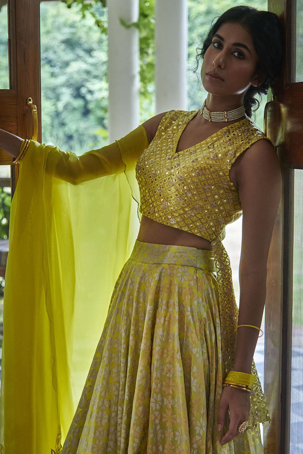 Printed Skirt Set In Electric Yellow