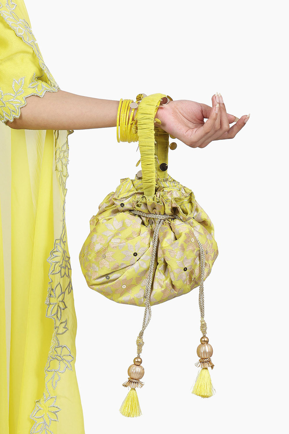 Embroidered Potli Bag In Electric Yellow