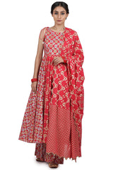 Chanderi Silk Kalidar Anarkali Set In Strawberry