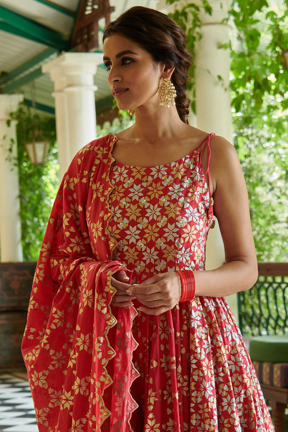 Chanderi Silk Kalidar Anarkali Set In Strawberry