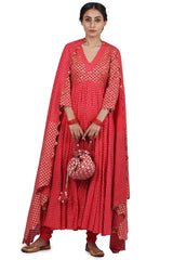 Printed Kalidar Anarkali Set In Strawberry