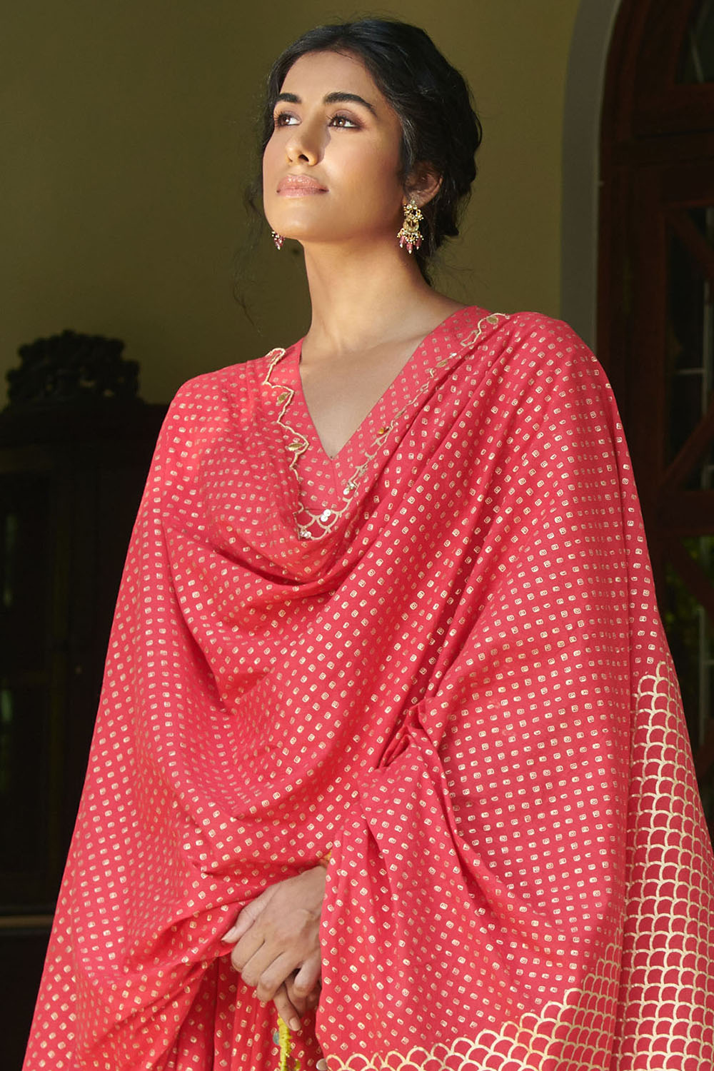 Printed Kalidar Anarkali Set In Strawberry