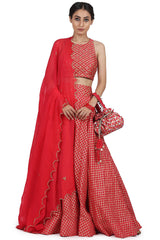 Chanderi Silk Printed Lehenga Set In Strawberry