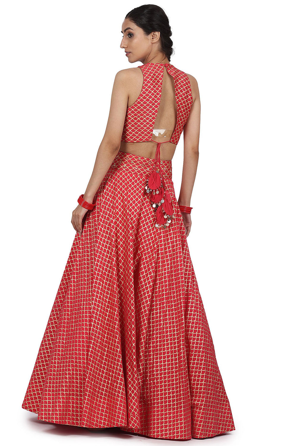 Chanderi Silk Printed Lehenga Set In Strawberry