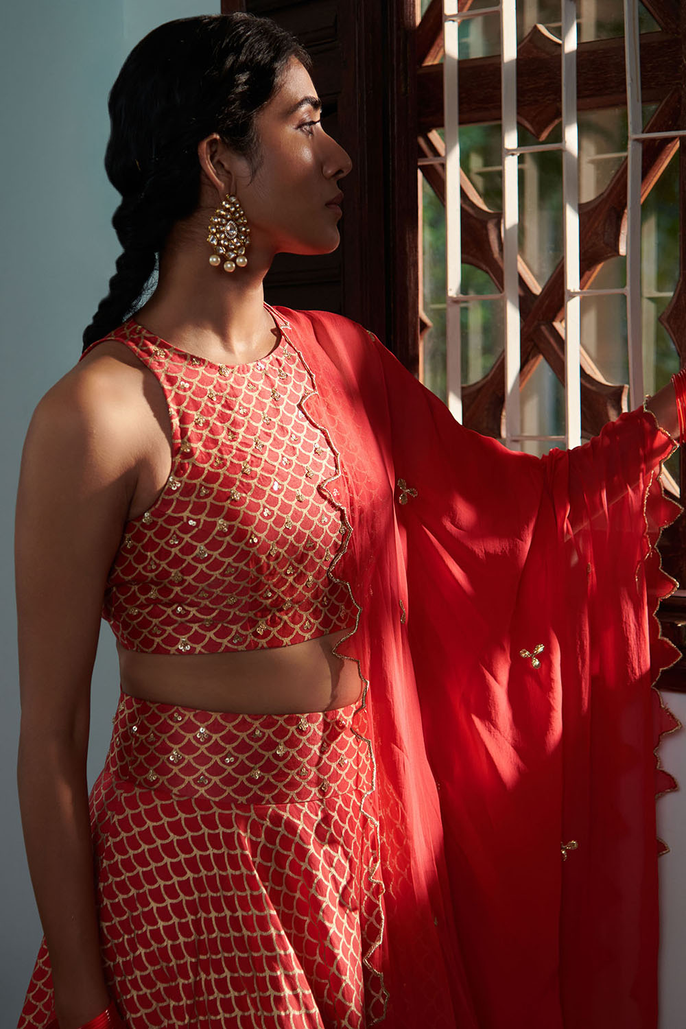 Chanderi Silk Printed Lehenga Set In Strawberry