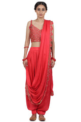 Embroidered Pant Saree Set In Strawberry