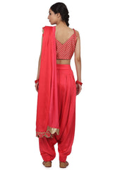 Embroidered Pant Saree Set In Strawberry