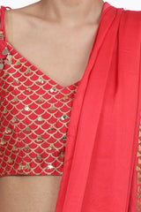 Embroidered Pant Saree Set In Strawberry