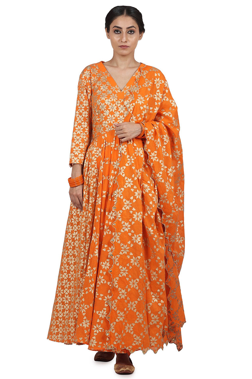 Embroidered Anarkali Set In Orange