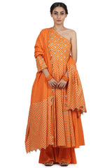 Hand Embroidered One-Shoulder Anarkali Set In Orange