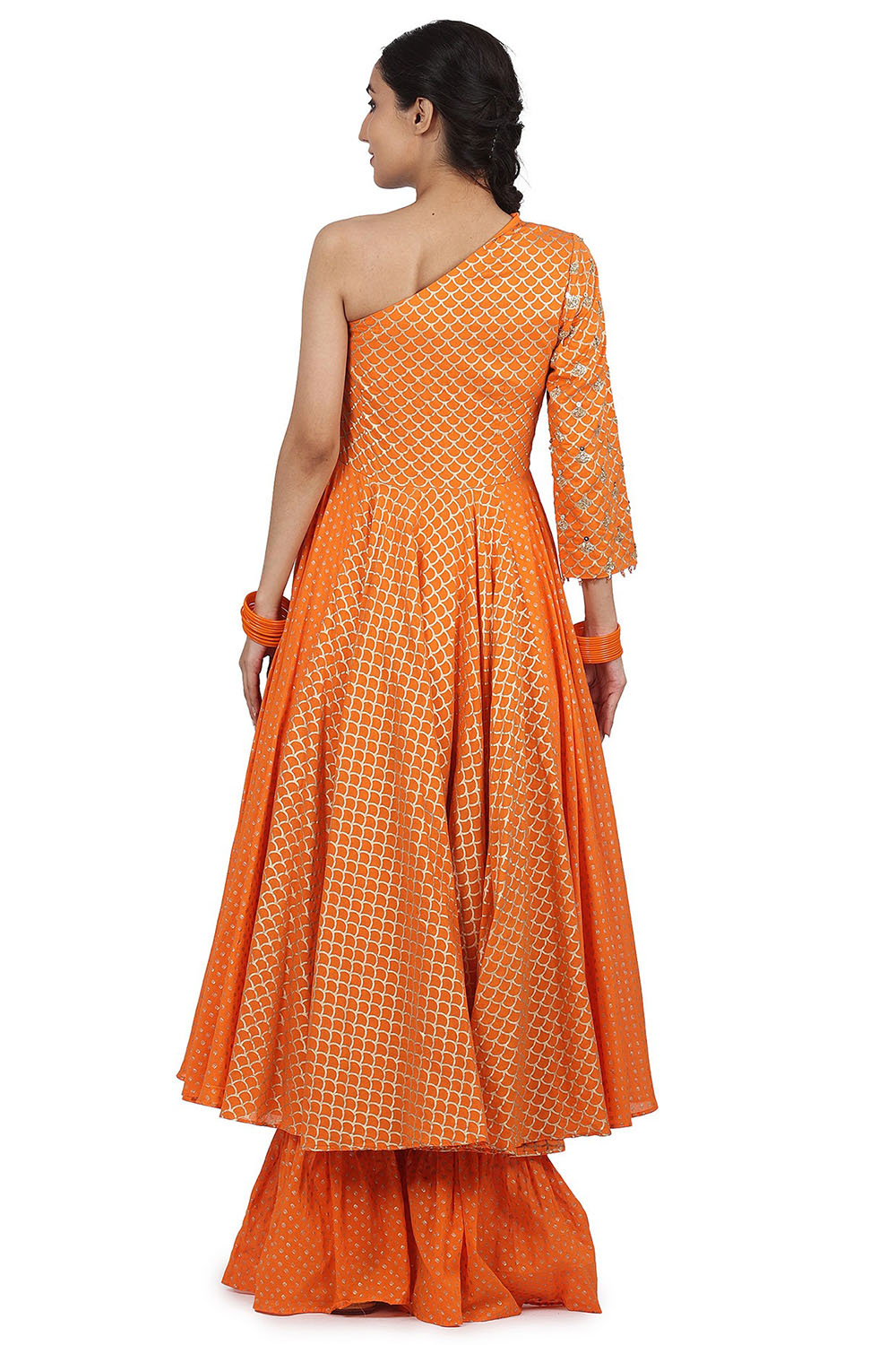 Hand Embroidered One-Shoulder Anarkali Set In Orange