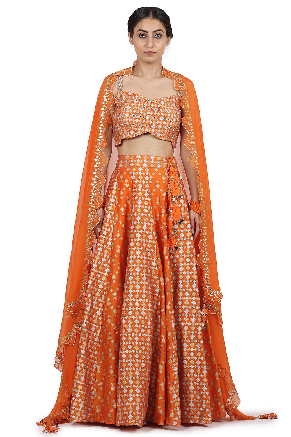 Hand Embroidered Lehenga Set In Orange