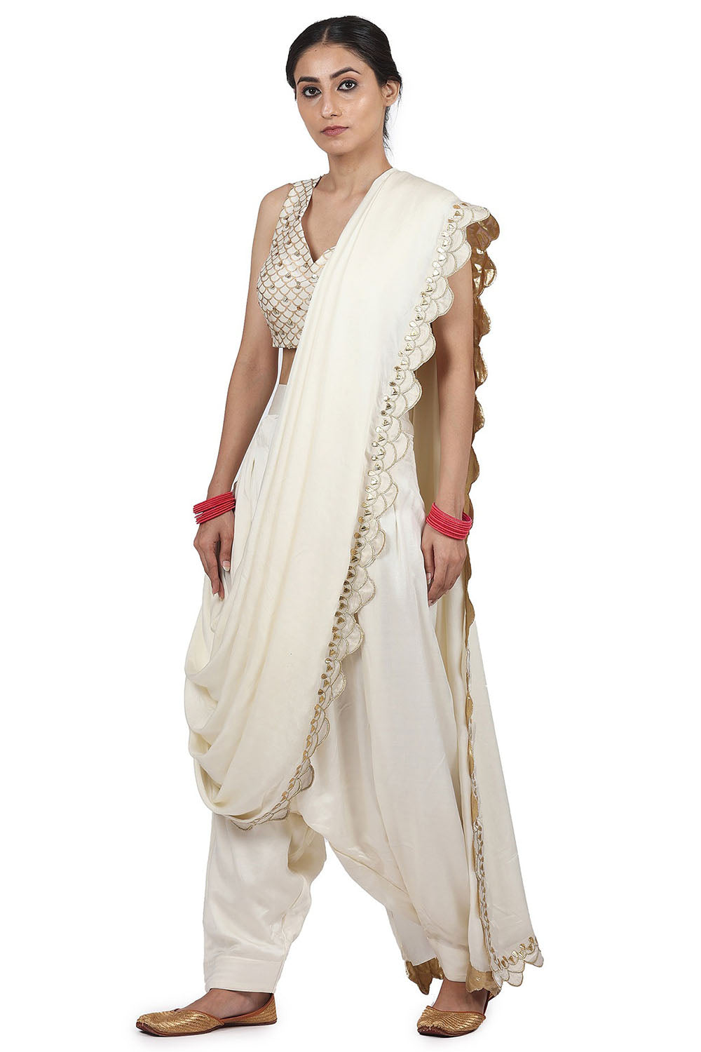 Cotton Mul Pant Saree Set In Ivory