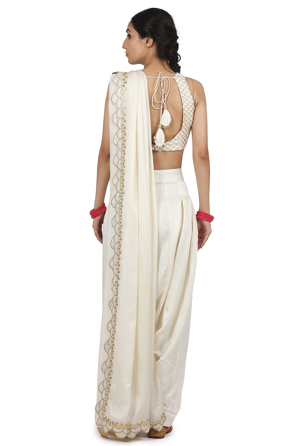 Cotton Mul Pant Saree Set In Ivory