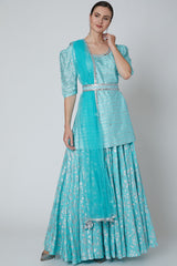 Embroidered Kurta Set In Turquoise