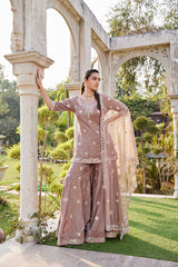 Coffee Mirror Embroidered Short Kurta, Sharara And Dupatta Set